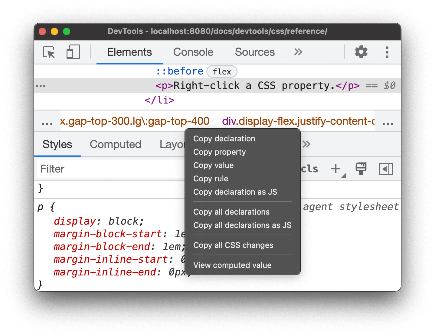 Menu suspenso "Copy CSS".