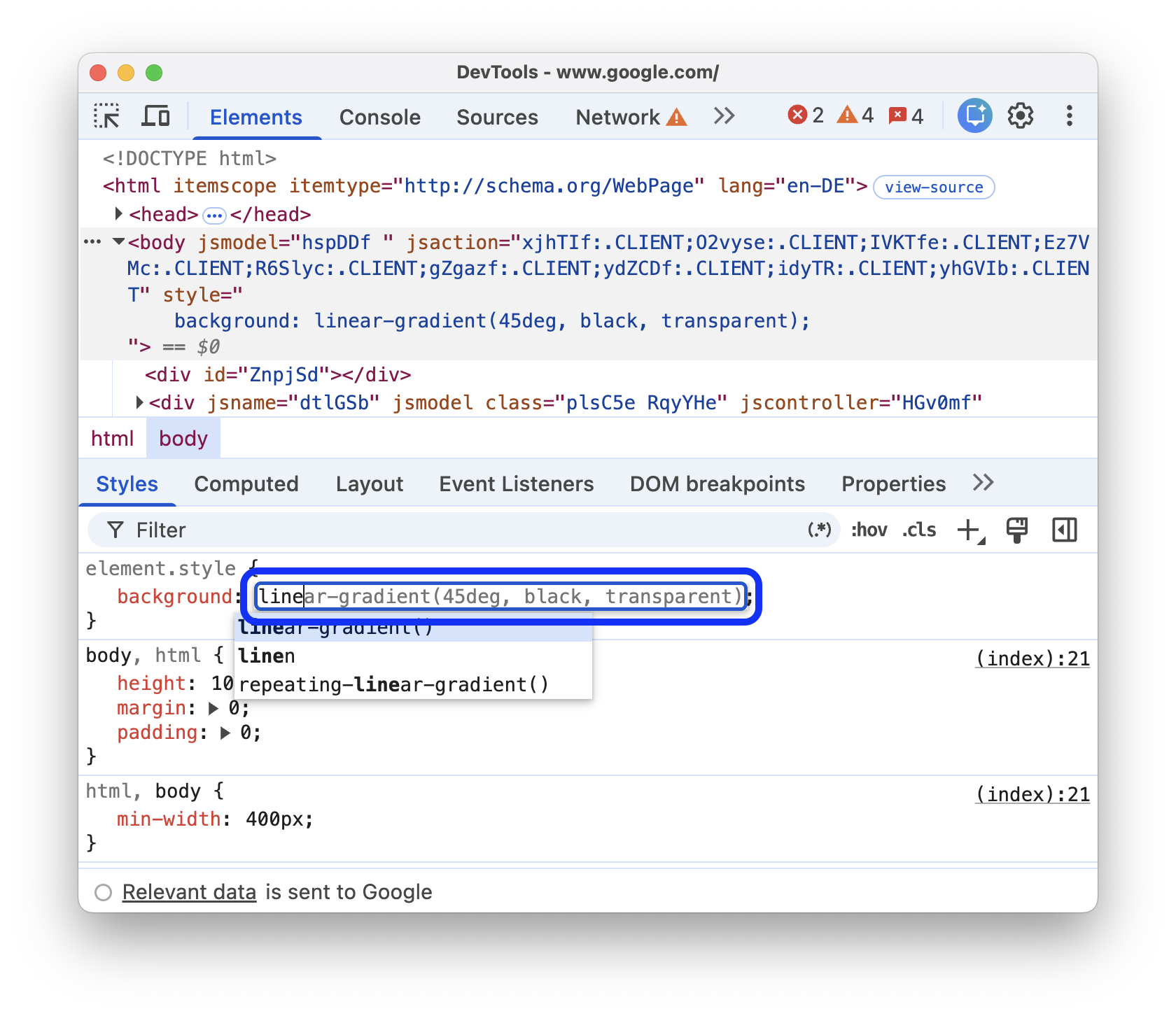 Menggunakan penyelesaian kode untuk menambahkan properti CSS.