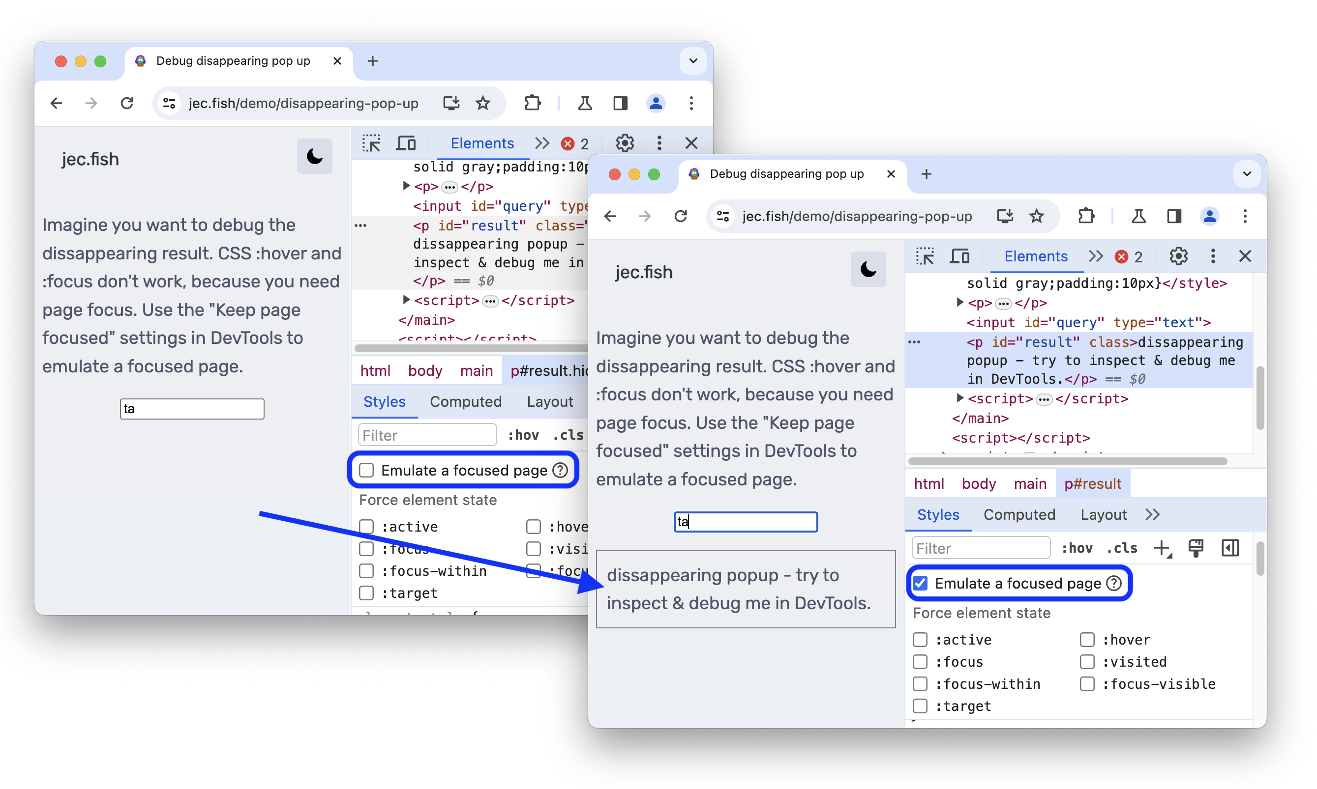 Prima e dopo l&#39;attivazione dell&#39;opzione &quot;Emula una pagina con lo stato attivo&quot; .