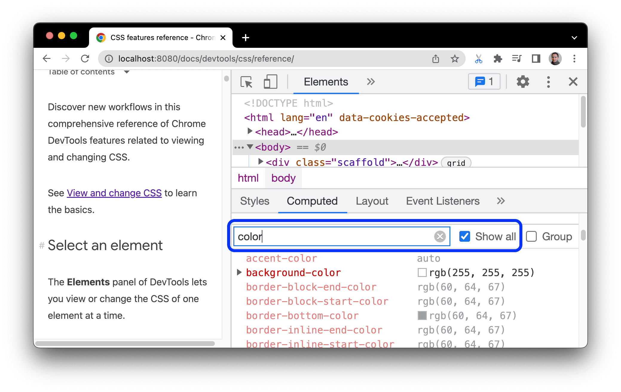 Filtering inherited properties in the Computed tab.