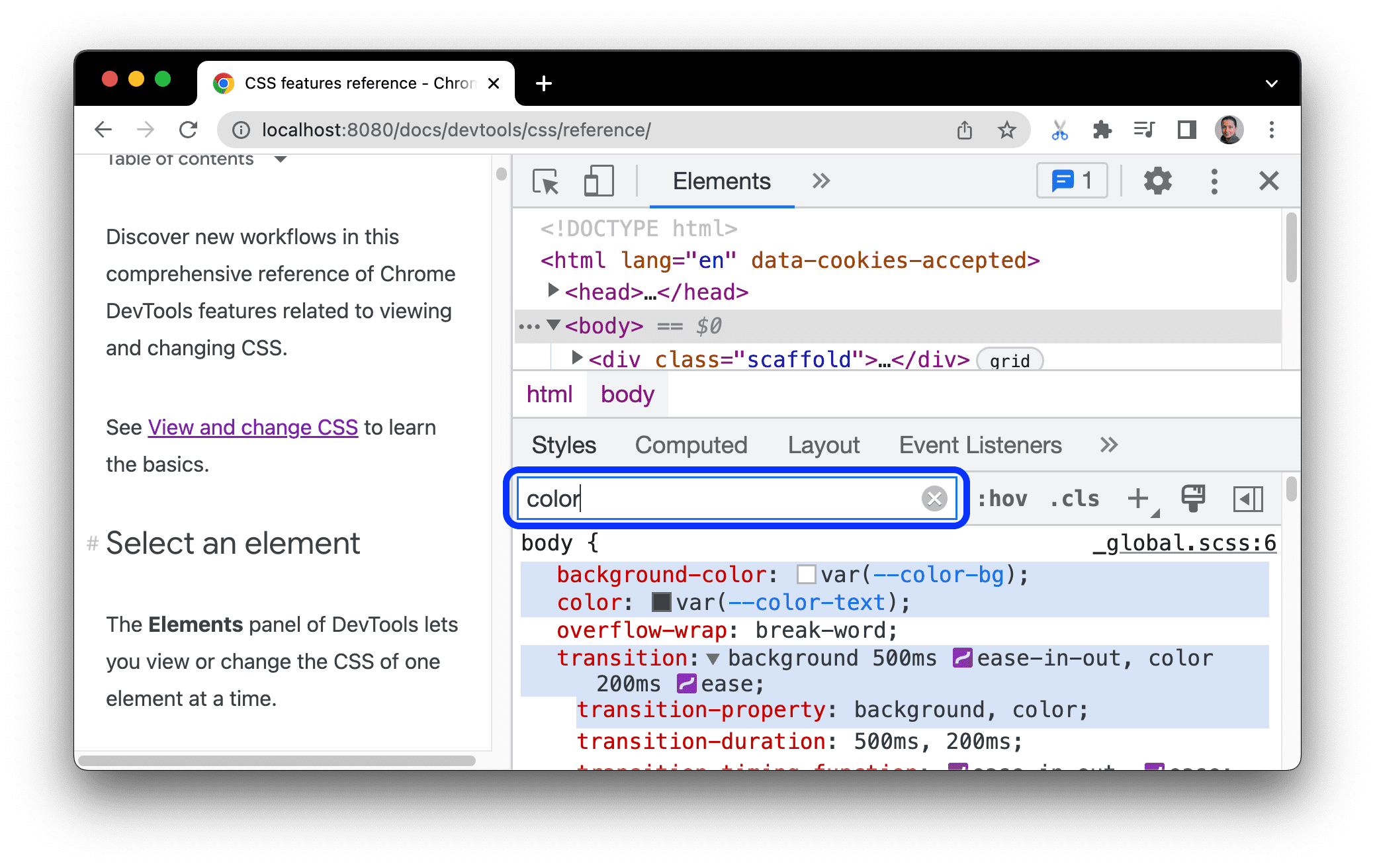 CSS features reference, DevTools