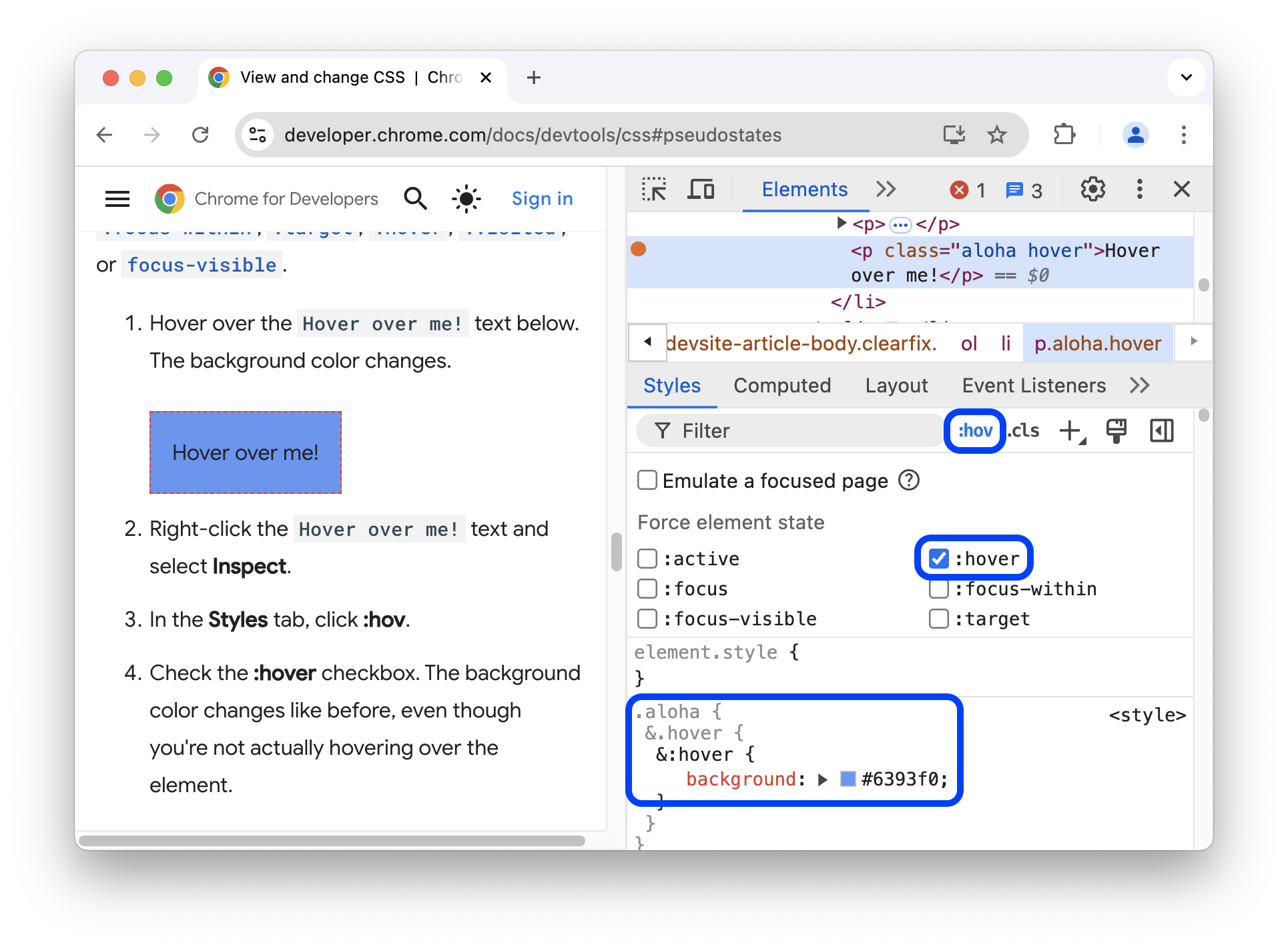 Toggling the hover pseudostate on an element.