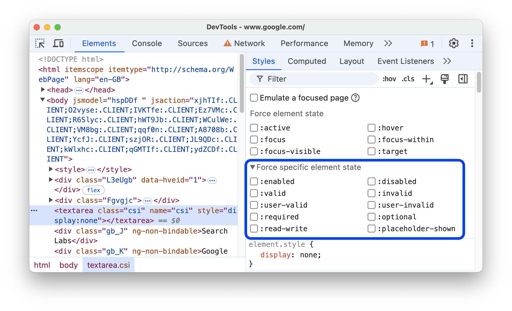 「textarea」要素の [特定の要素の状態を強制] セクション。