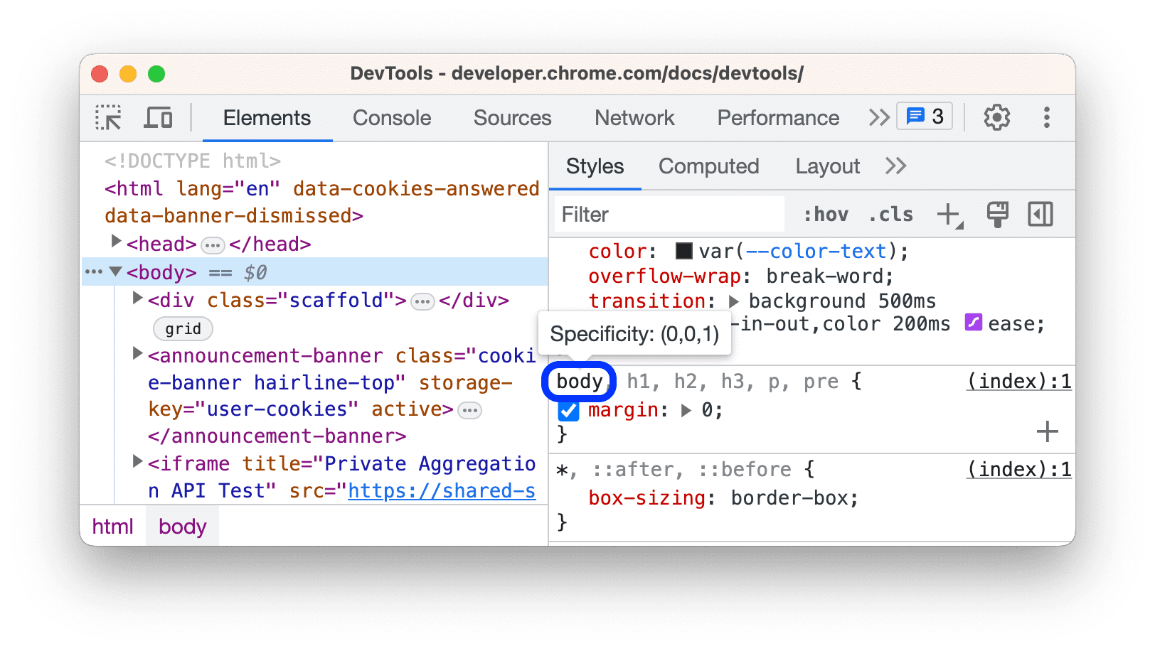 Cuadro de información con la ponderación de especificidad de un selector coincidente.