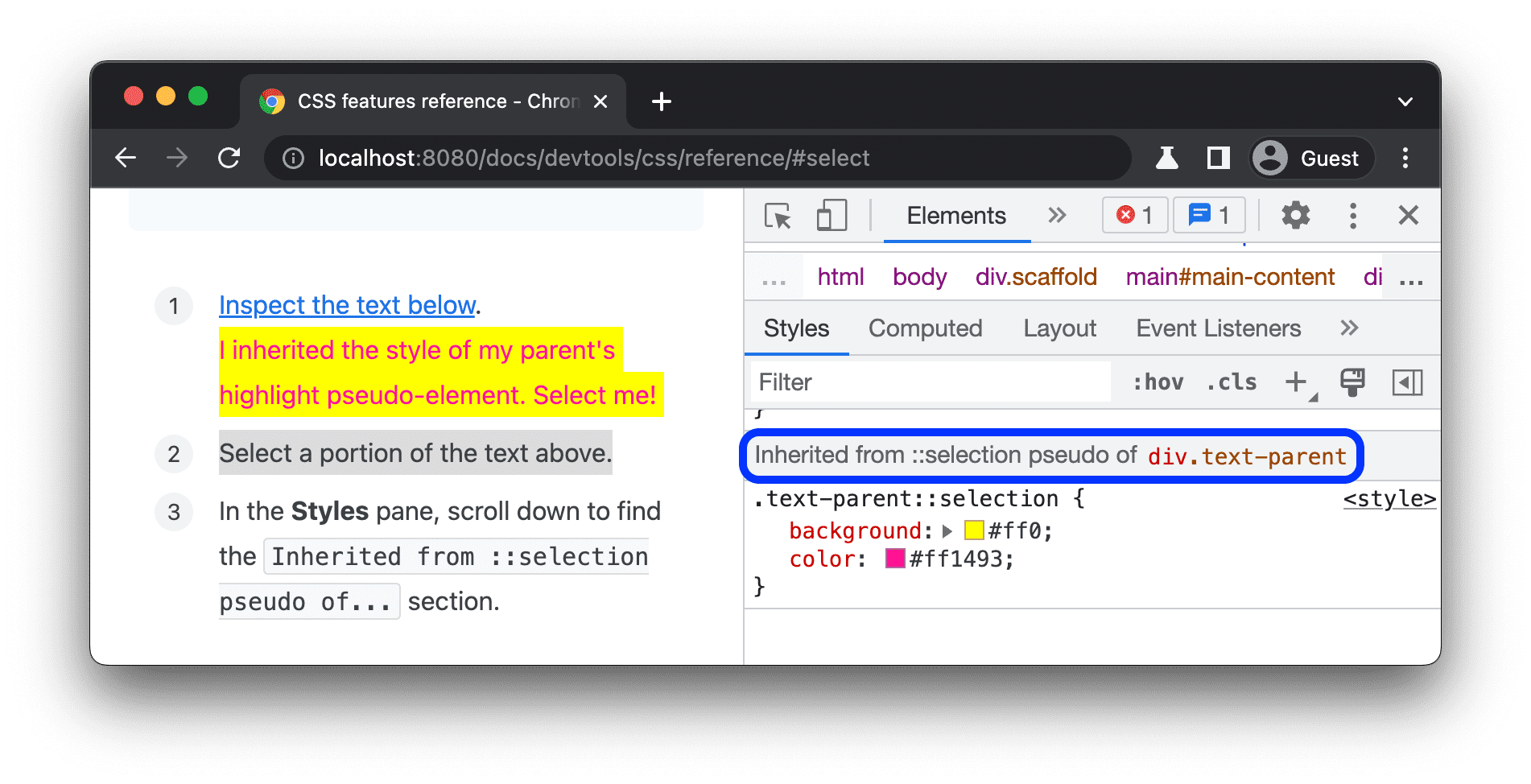 Consulte a seção "Herdado" da guia "Estilos".