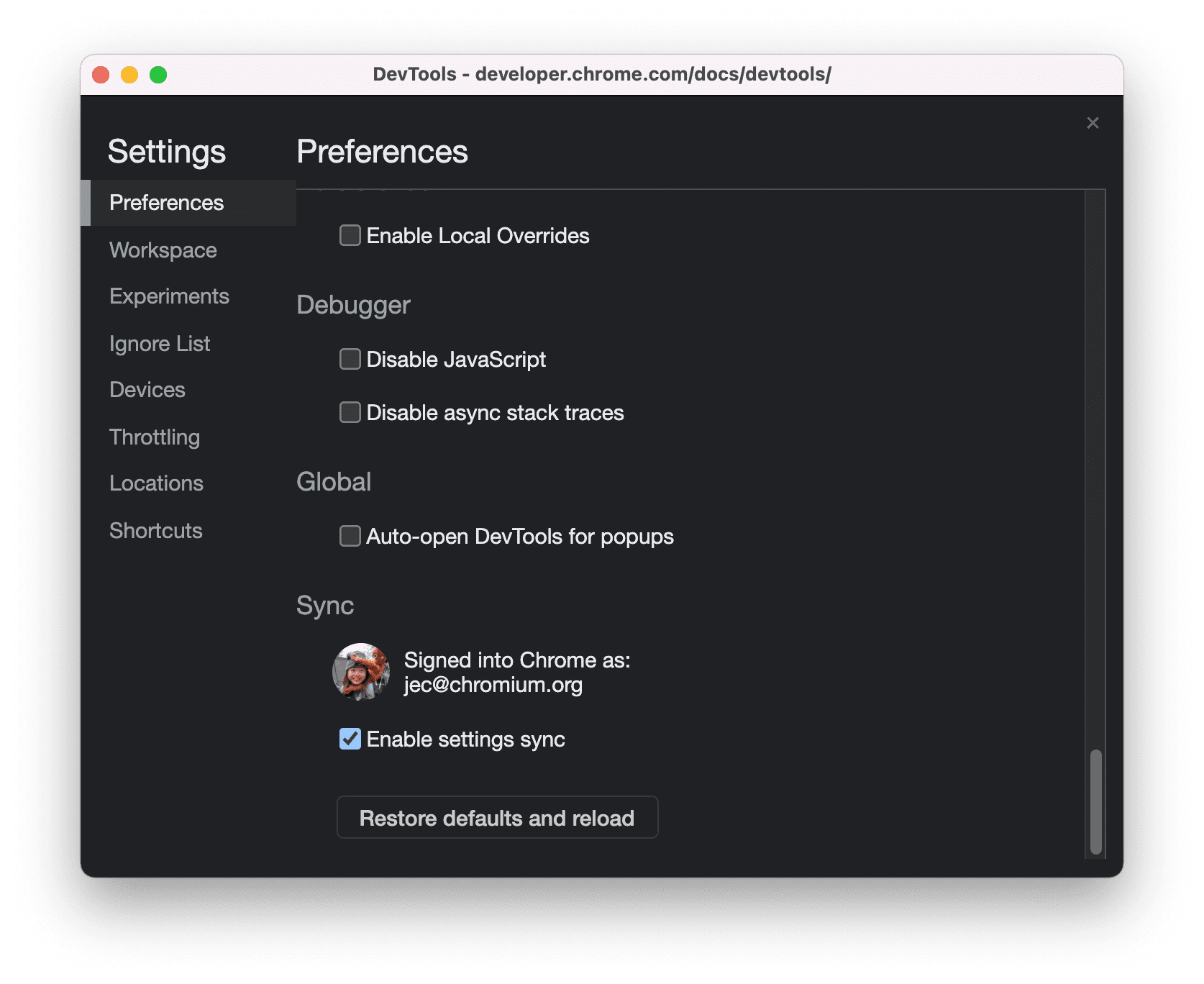 DevTools sync settings