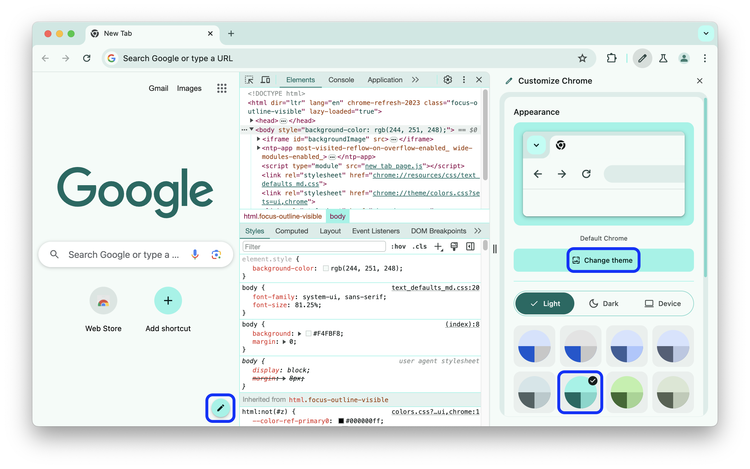 DevTools cocok dengan tema warna yang dipilih di Tampilan.