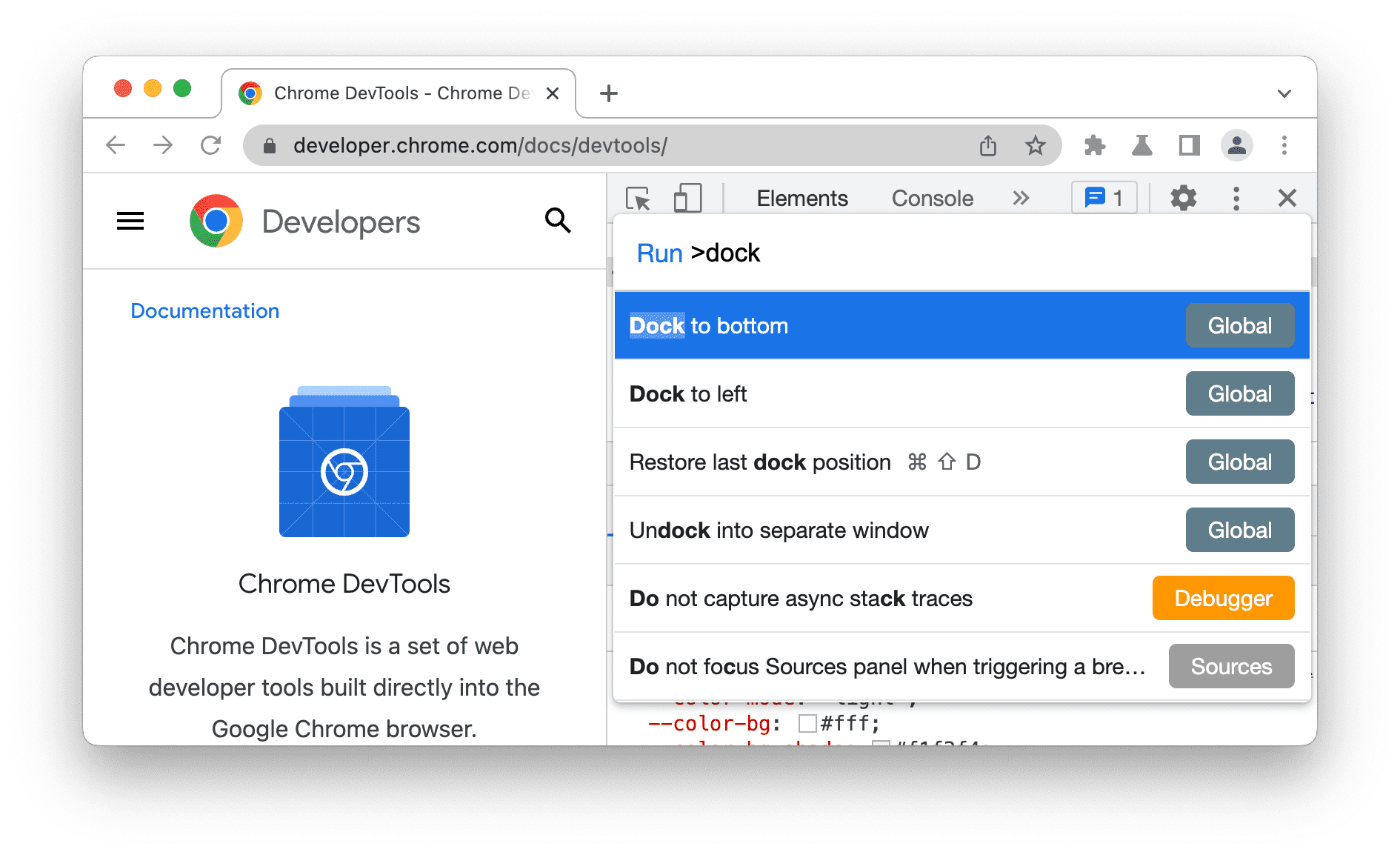 Option de docking suggérée dans le menu de commande.