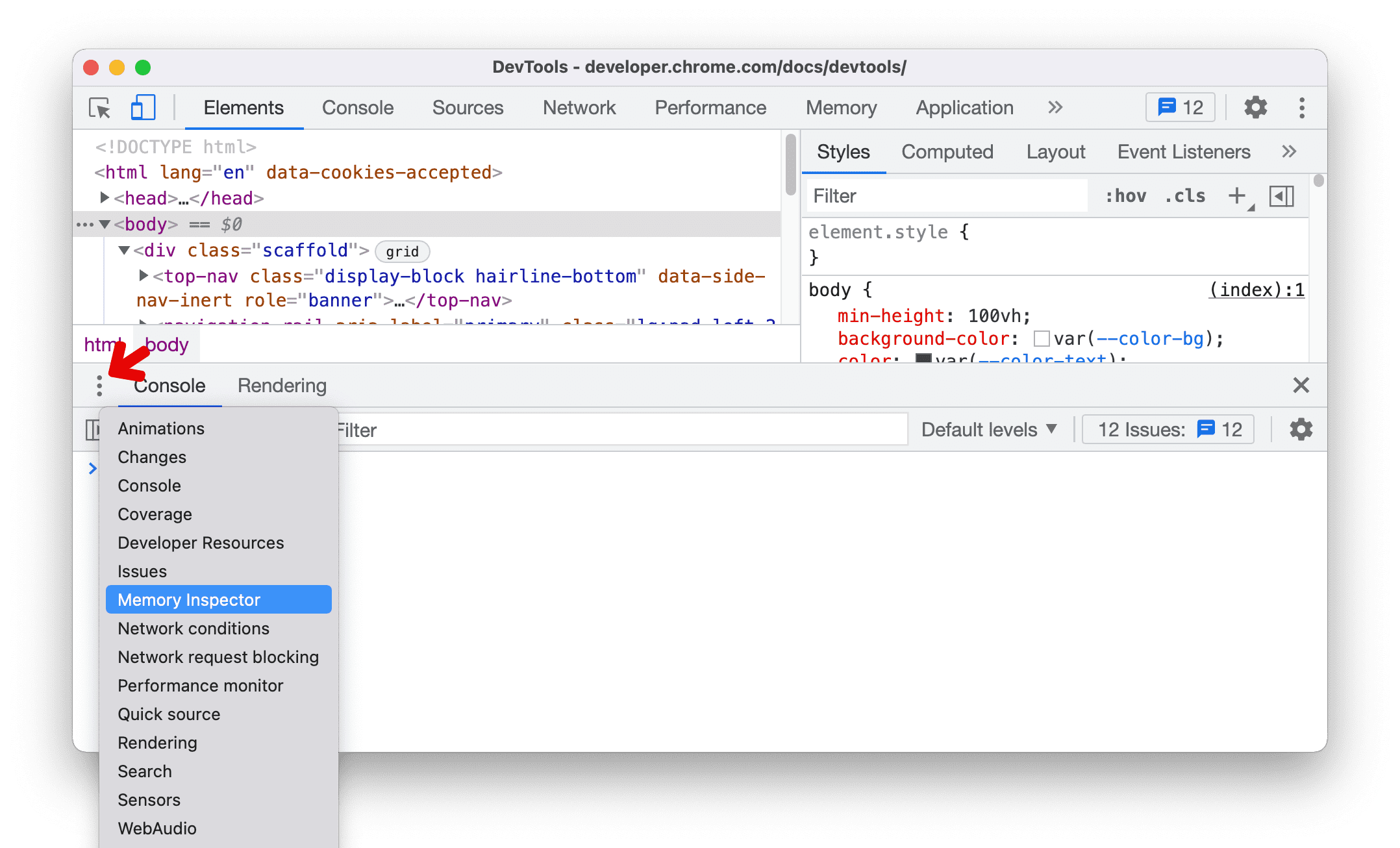 Die Schaltfläche „Weitere Tools“, mit der andere Tabs der Seitenleiste geöffnet werden.
