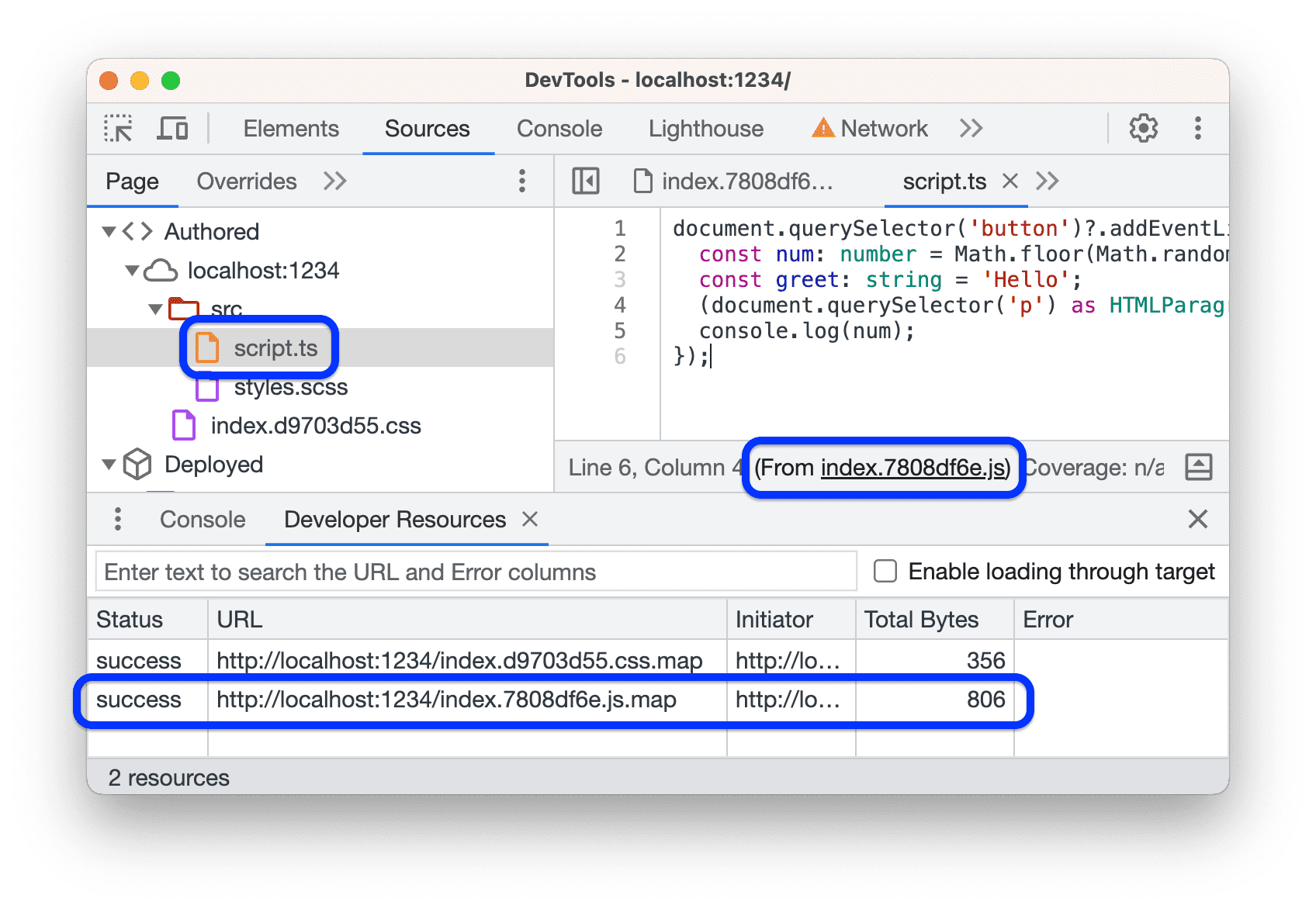 แผนที่แหล่งที่มาที่โหลดด้วยตนเองจะทำให้ไฟล์ต้นฉบับปรากฏในโครงสร้างไฟล์