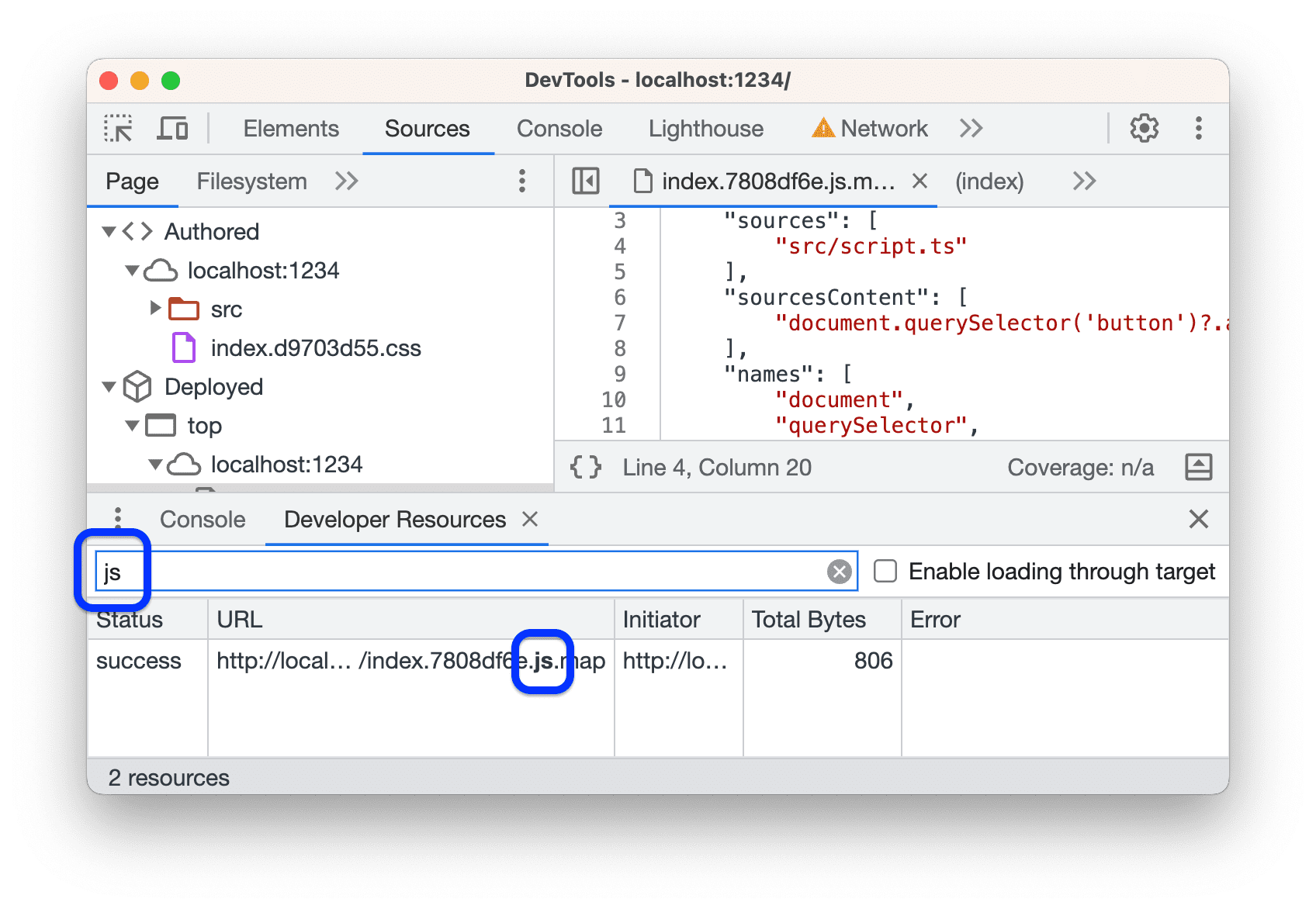 Odfiltrowywanie map źródłowych niezawierających kodu „js” w adresach URL.