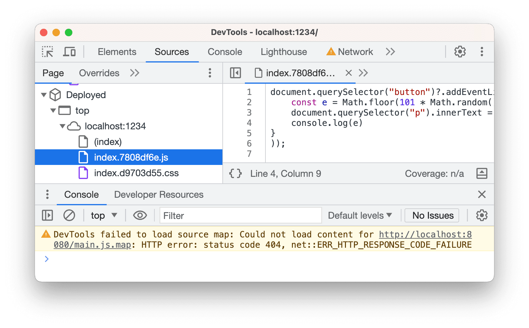 The source map load error in the Console.