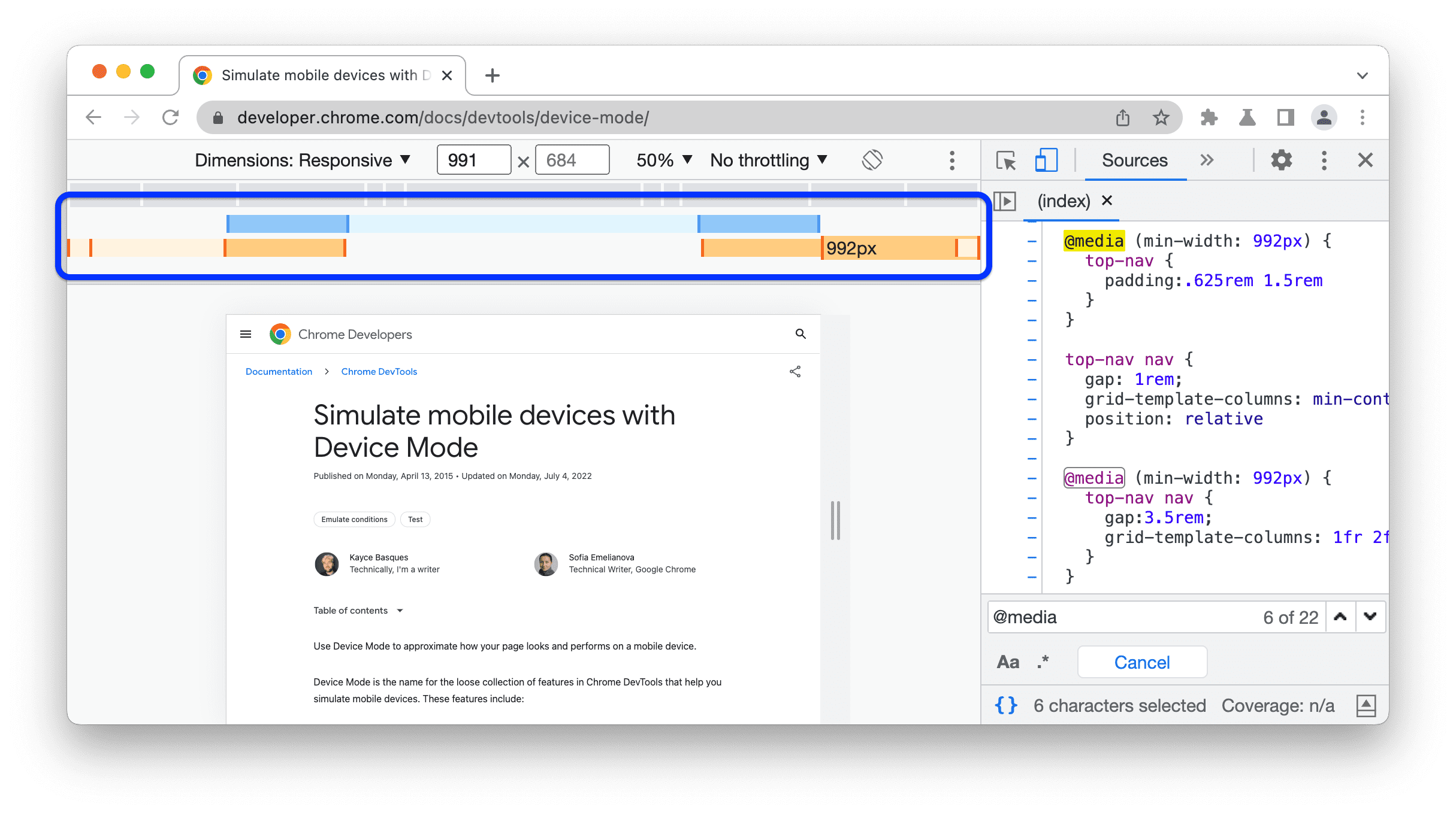 Haz clic entre los puntos de interrupción para cambiar el ancho del viewport.