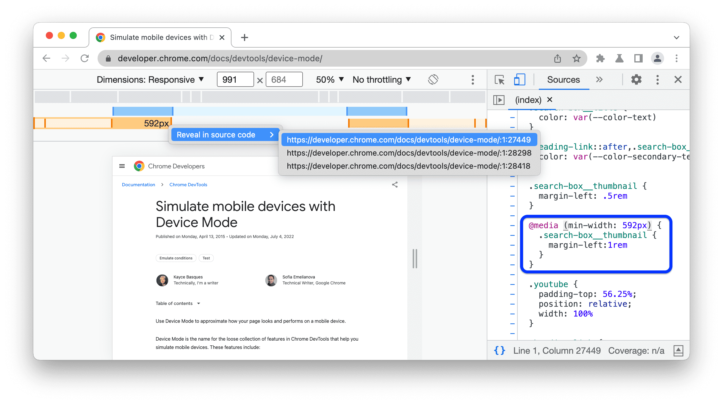 Menu suspenso "Revelar no código-fonte".