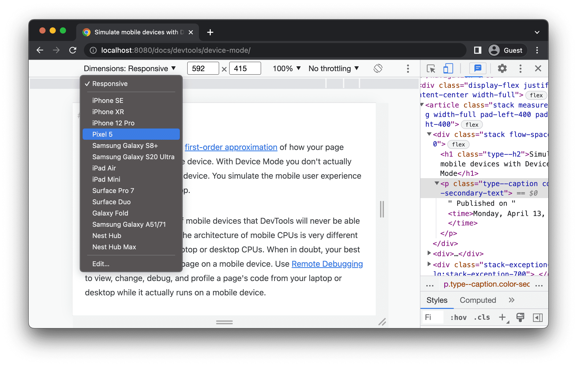 Simulate mobile devices with Device Mode, DevTools