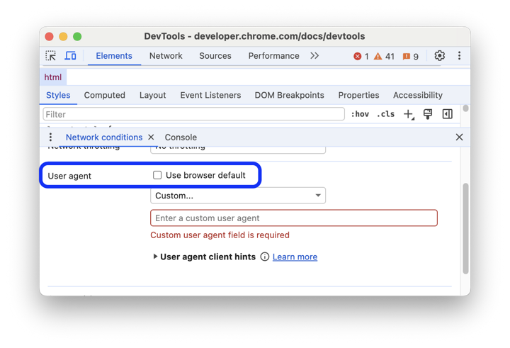 Network conditions: Override the user agent string | Chrome DevTools ...