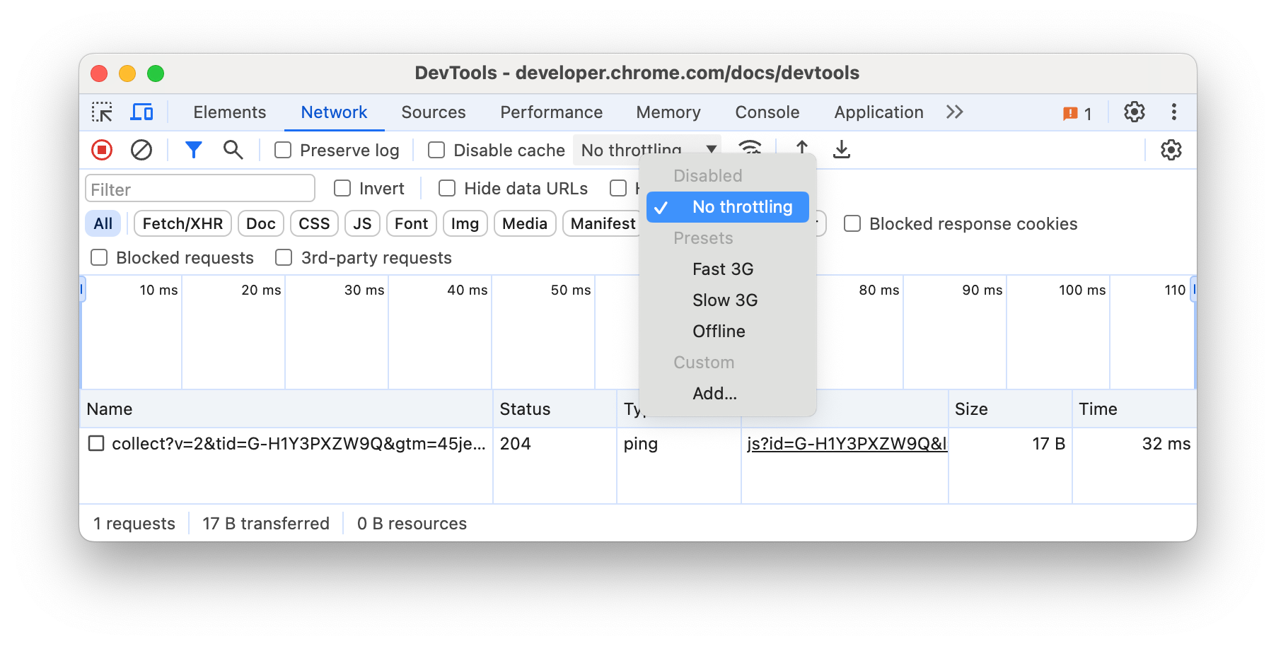 Dropdown throttling jaringan di panel Jaringan.