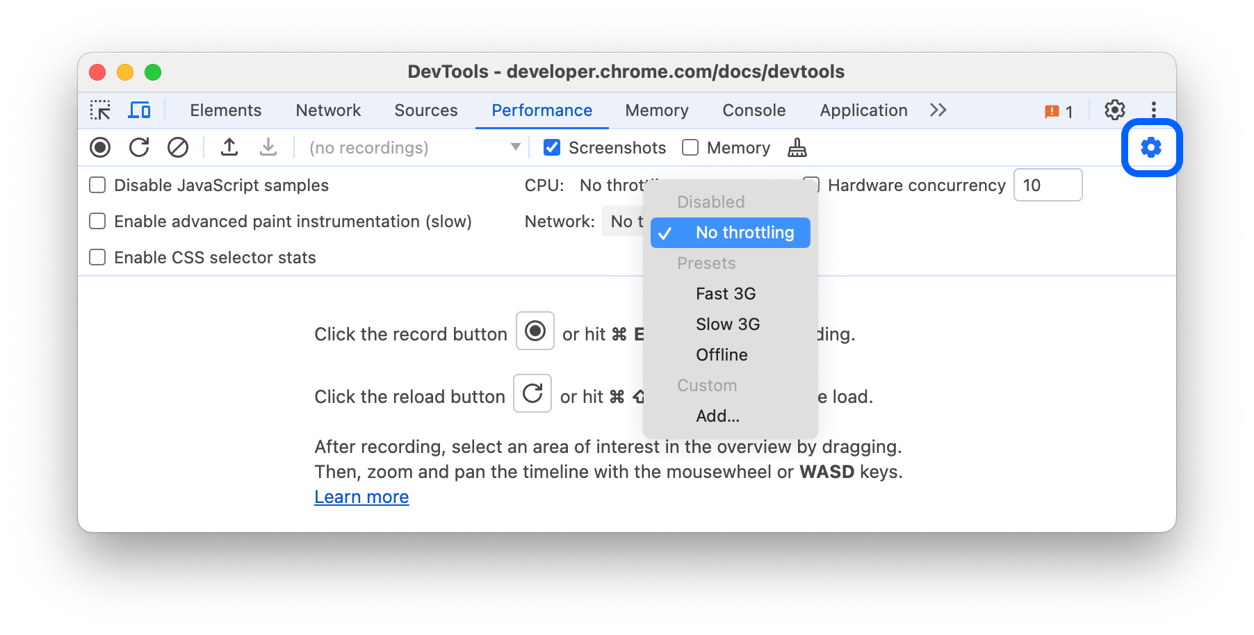 Network throttling dropdown in the Performance panel.