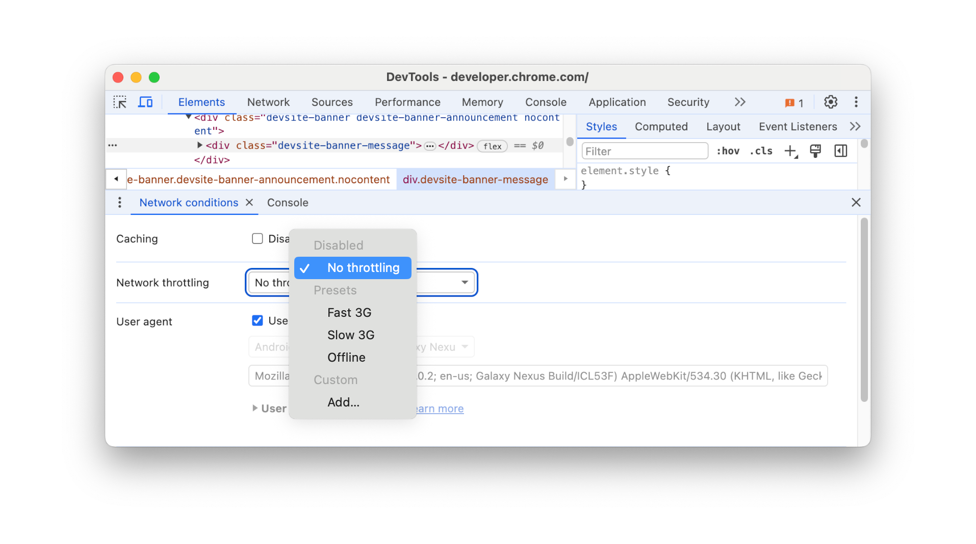 Network throttling dropdown in the Network conditions panel.