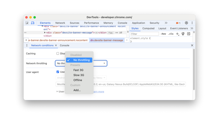 Network conditions: Override the user agent string | Chrome DevTools ...