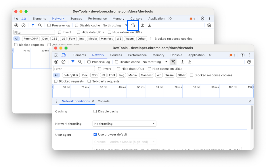 زر "المزيد من حالات الشبكة" مميّز ولوحة "حالات الشبكة" مفتوحة