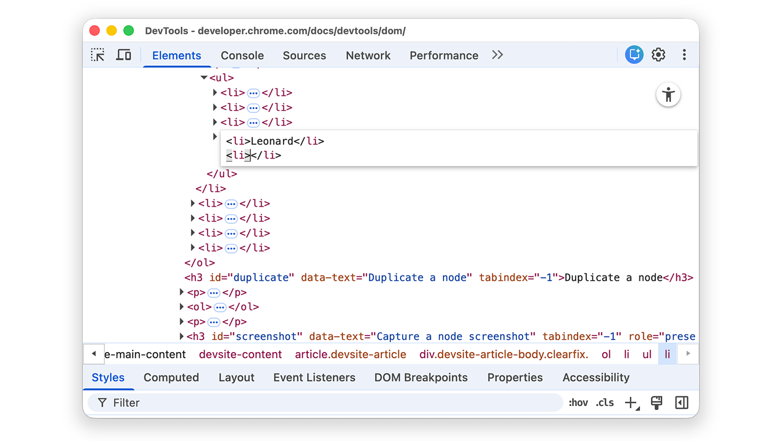 DevTools chiude automaticamente il tag.