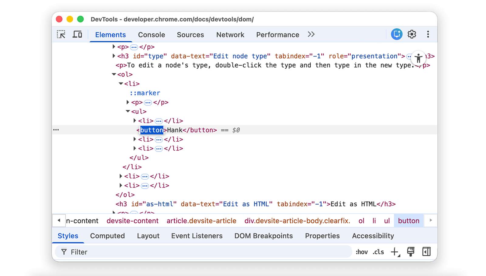 Changing the node type to button