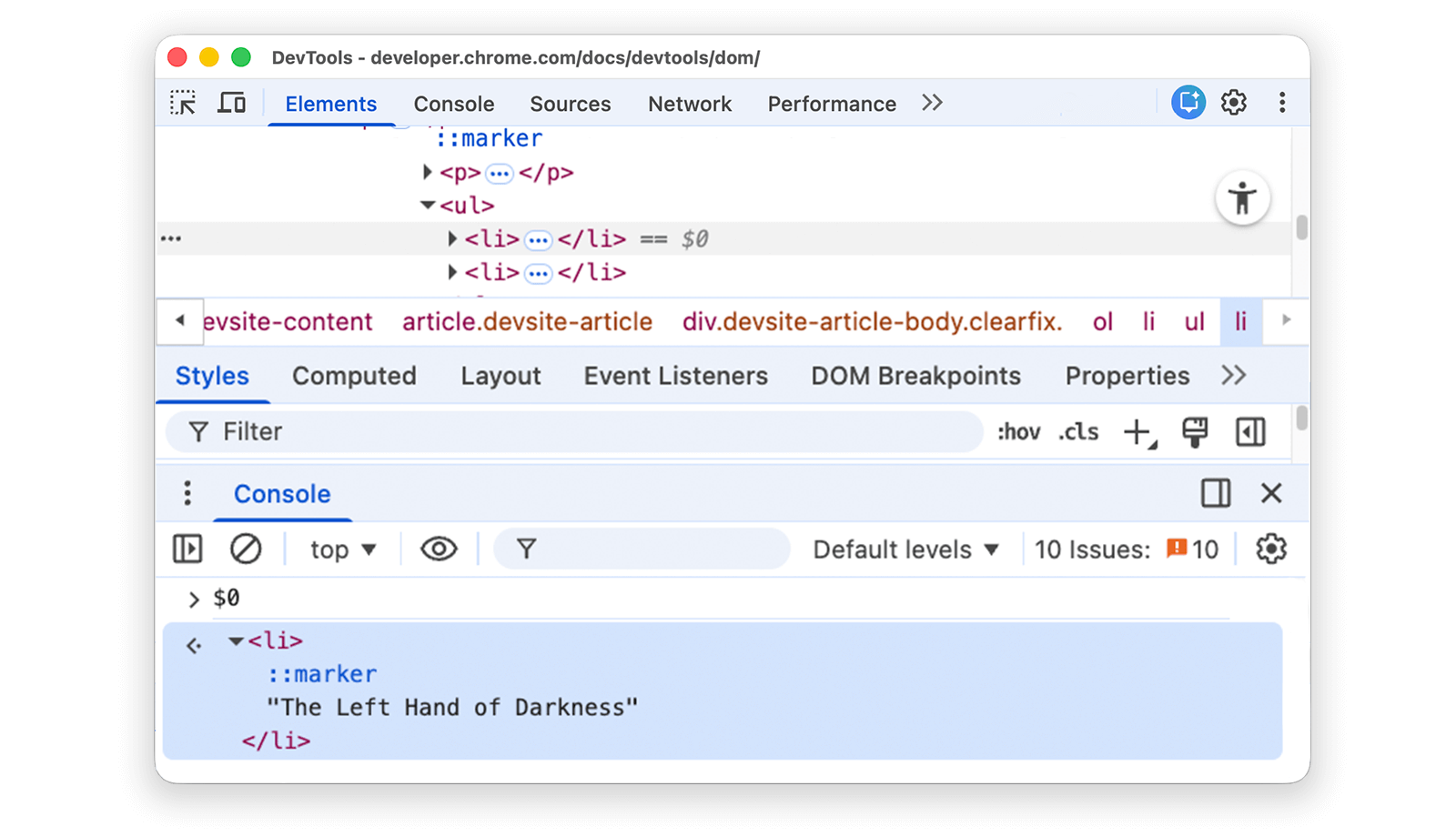 The result of the first $0 expression in the Console.