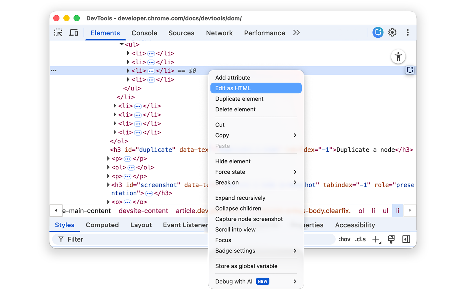 Das Drop-down-Menü eines Knotens.