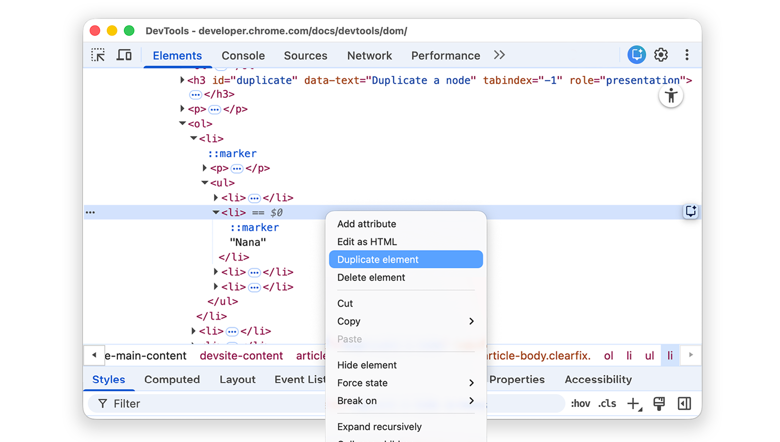 Die Option „Element duplizieren“ ist im Drop-down-Menü hervorgehoben.