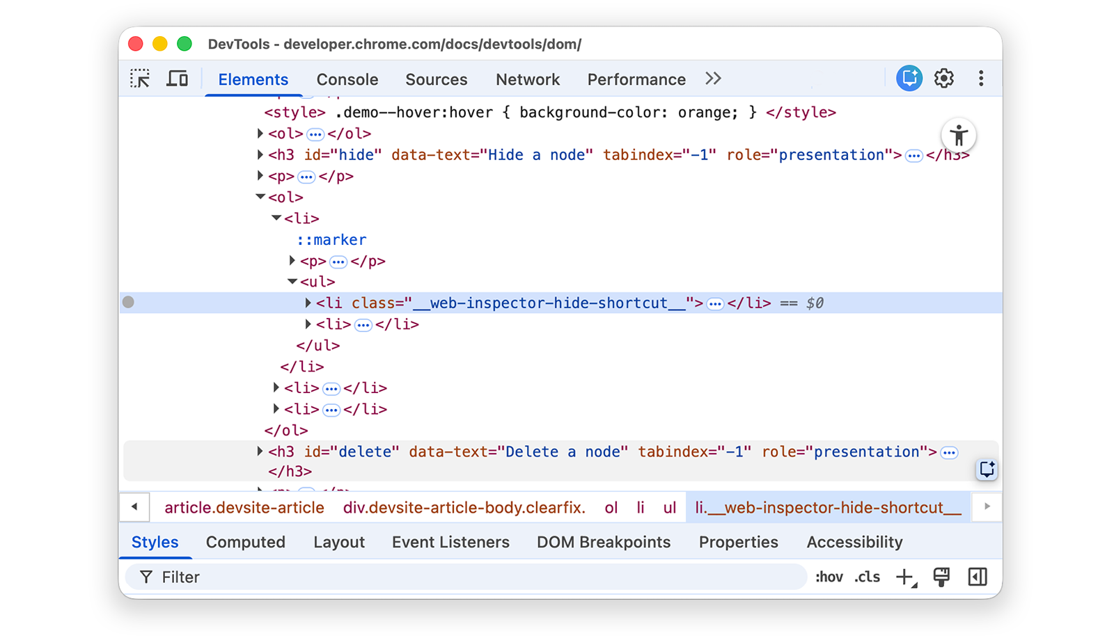 Apparence du nœud dans l&#39;arborescence DOM après sa masquage