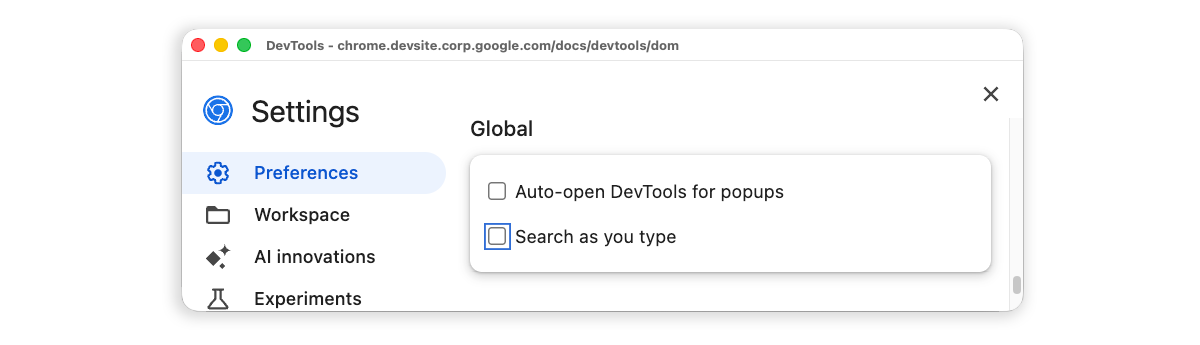 ביטול הסימון של התיבה &#39;חיפוש בזמן ההקלדה&#39; בהגדרות.