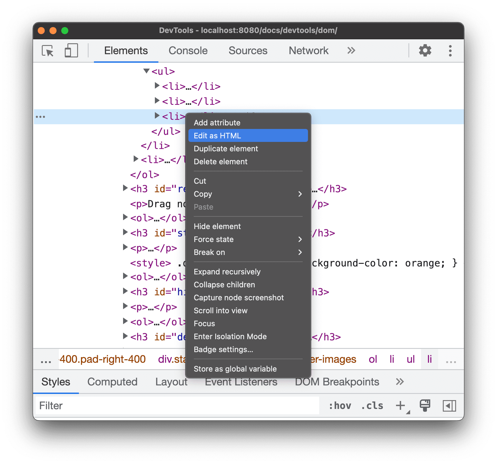 The drop-down menu of a node.