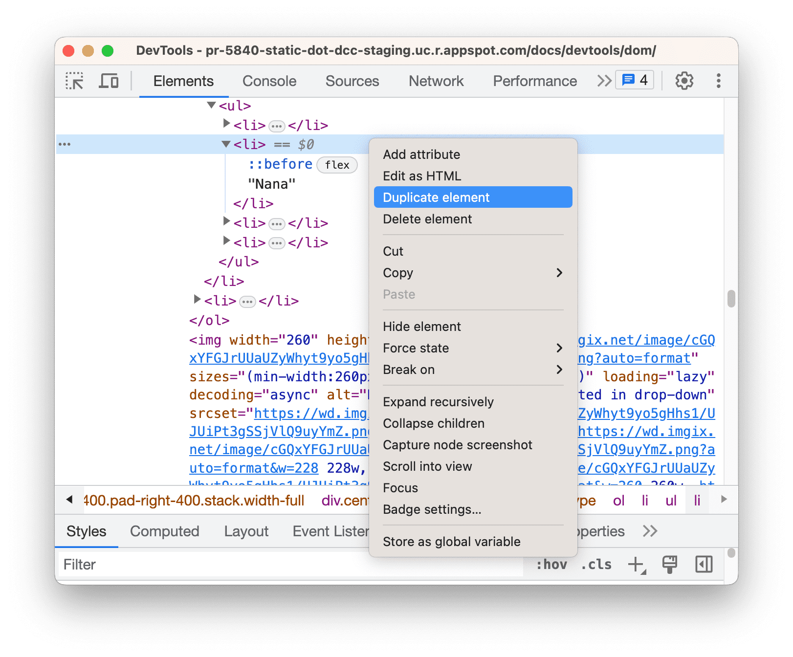 Opsi Duplikat elemen ditandai di drop-down.