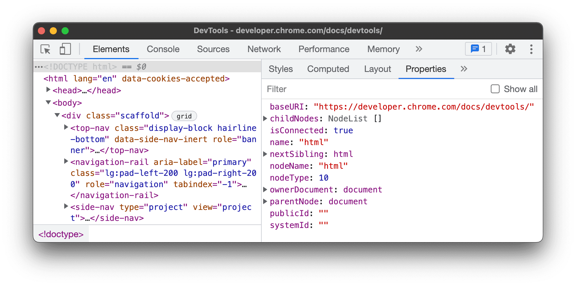 Elements panel open to Properties tab