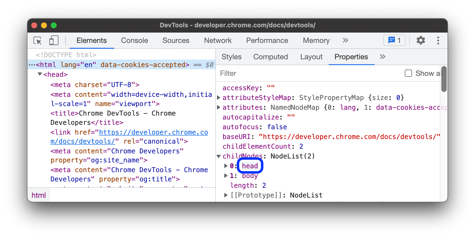 Link to the head DOM node.