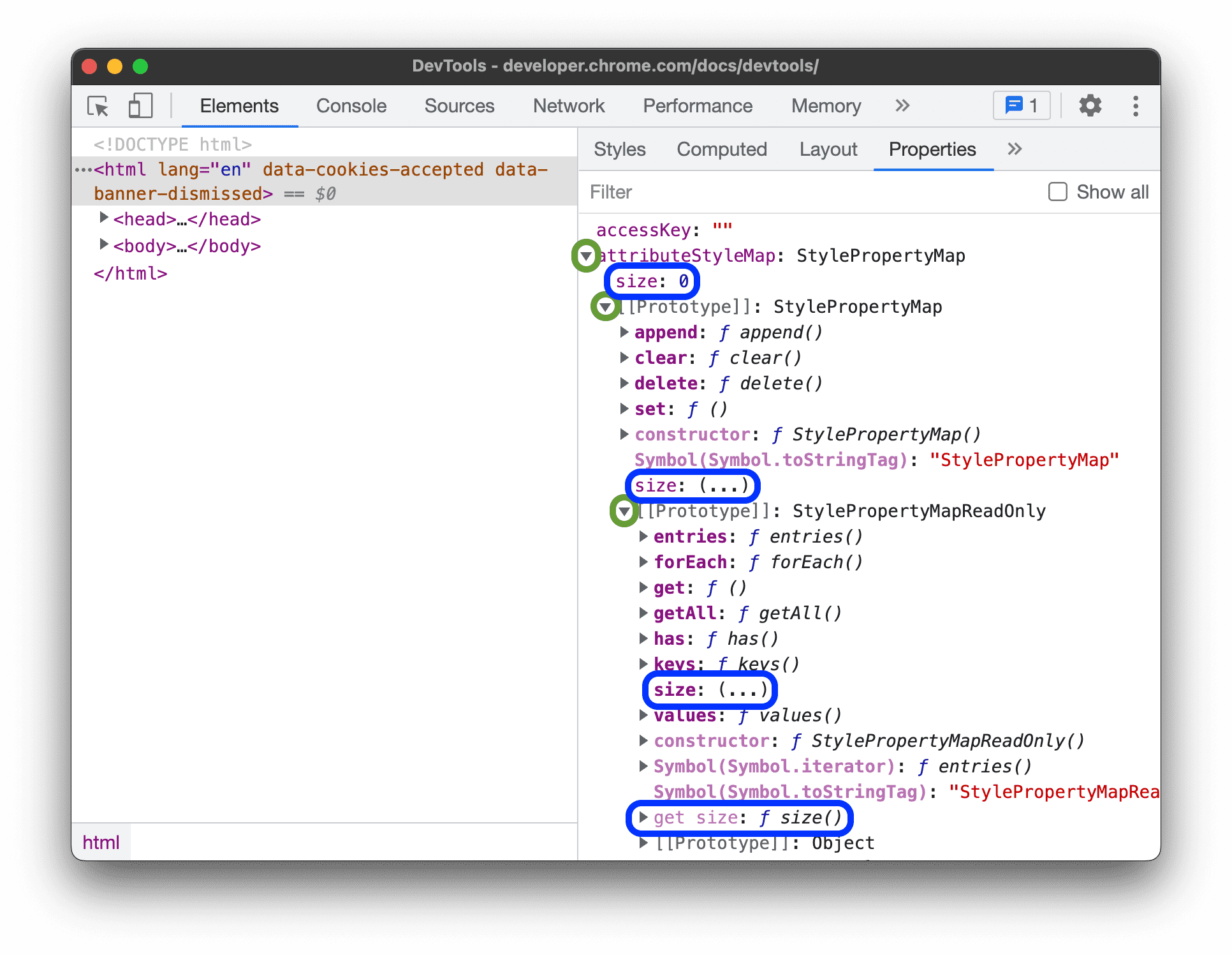 Se rastrea la propiedad de tamaño hasta su método get en la cadena de prototipos.