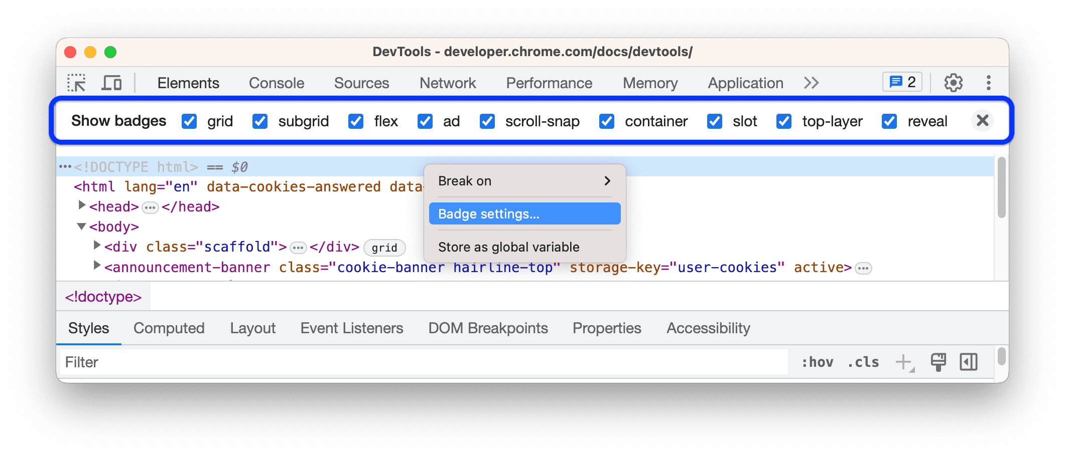 Badges reference, DevTools