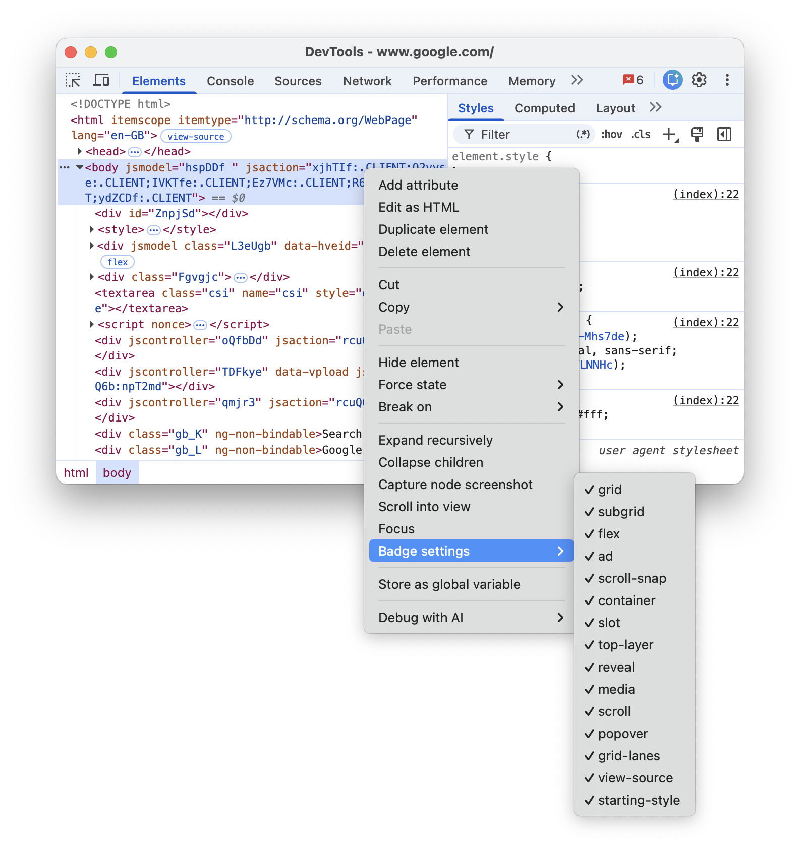 O menu "Configurações de selos".