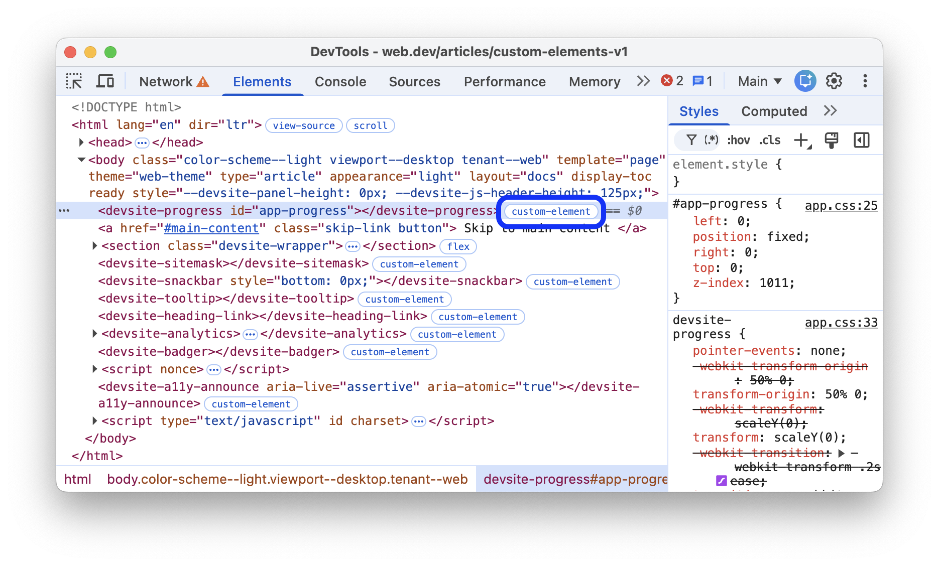 The custom-element badge next to custom HTML elements in the DOM tree.