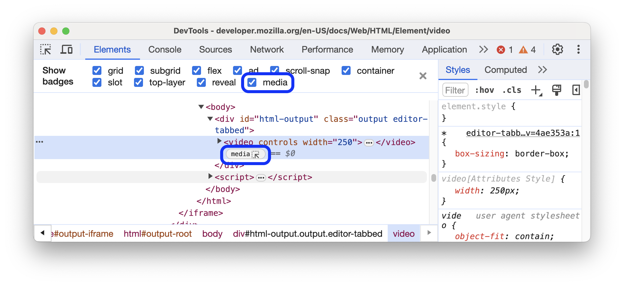 O selo de mídia ativado nas configurações de selo e exibido ao lado do elemento de vídeo.