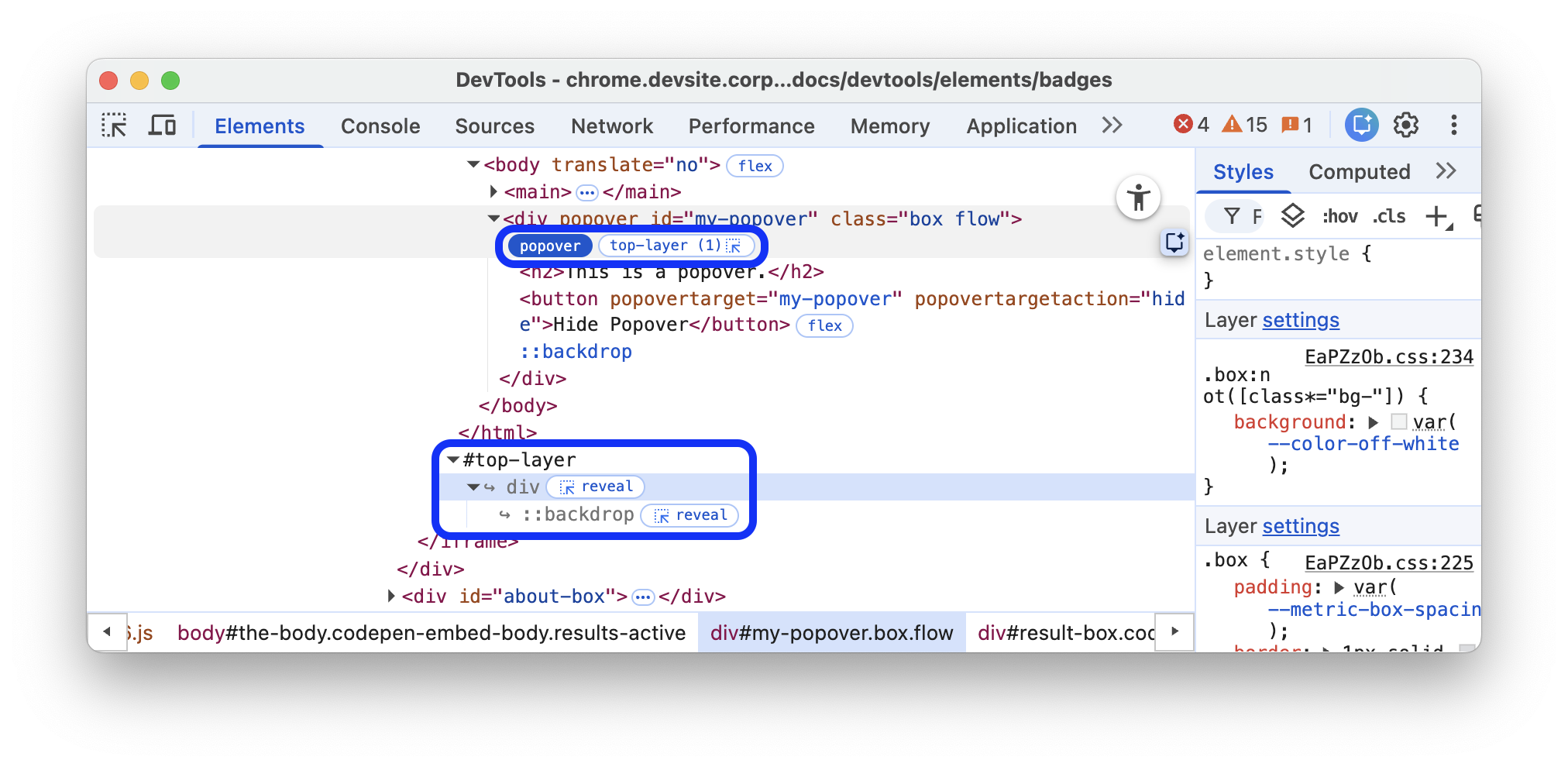 具有 popover 屬性的元素旁邊會顯示快顯視窗徽章。