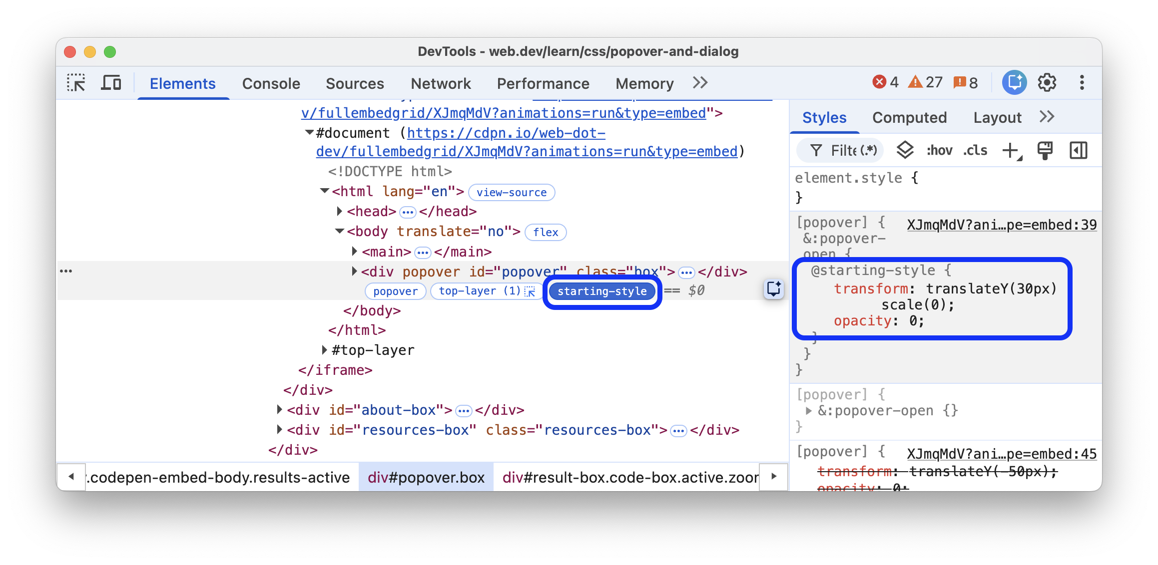 O selo de estilo inicial ao lado do elemento com a regra @starting-style.