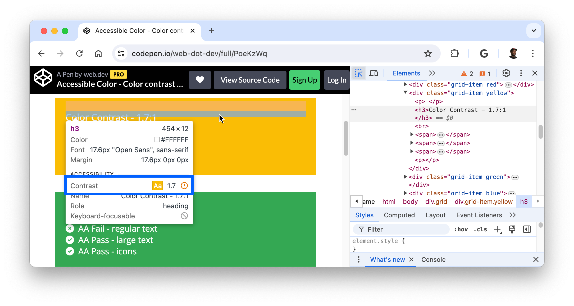 ヘッダーのコントラスト比 1.7 がツールチップに表示される。