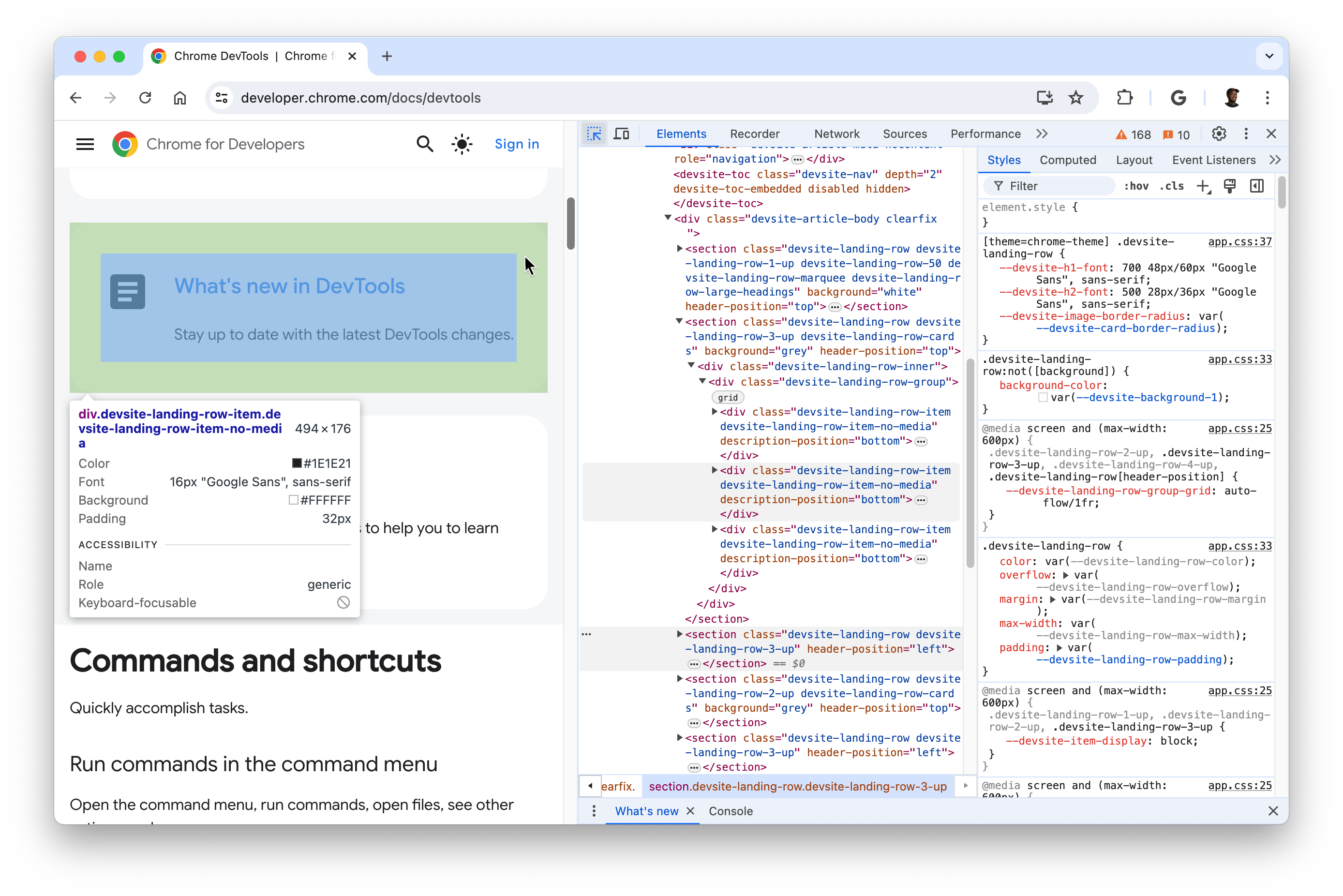 An element on the Devtools homepage highlighted with a tooltip overlay visible.