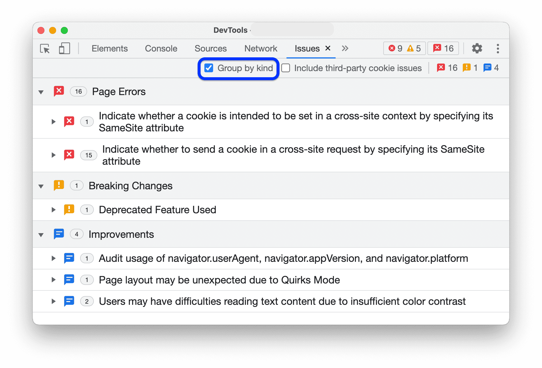 Les problèmes sont regroupés en trois catégories : &quot;Erreurs dans les pages&quot;, &quot;Modifications destructives&quot; et &quot;Améliorations&quot;.