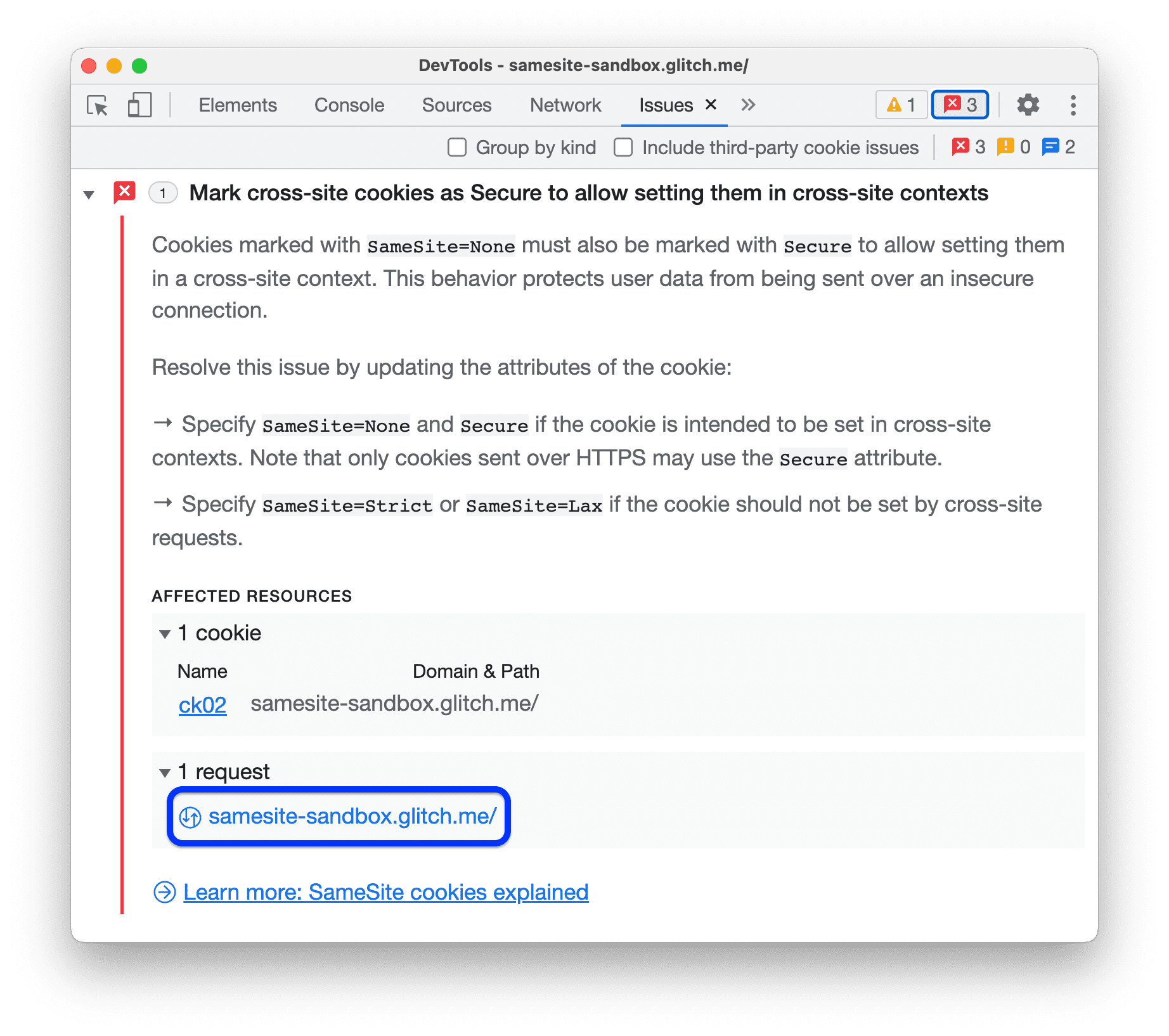 A seção "Recursos afetados" com um link para a solicitação afetada.