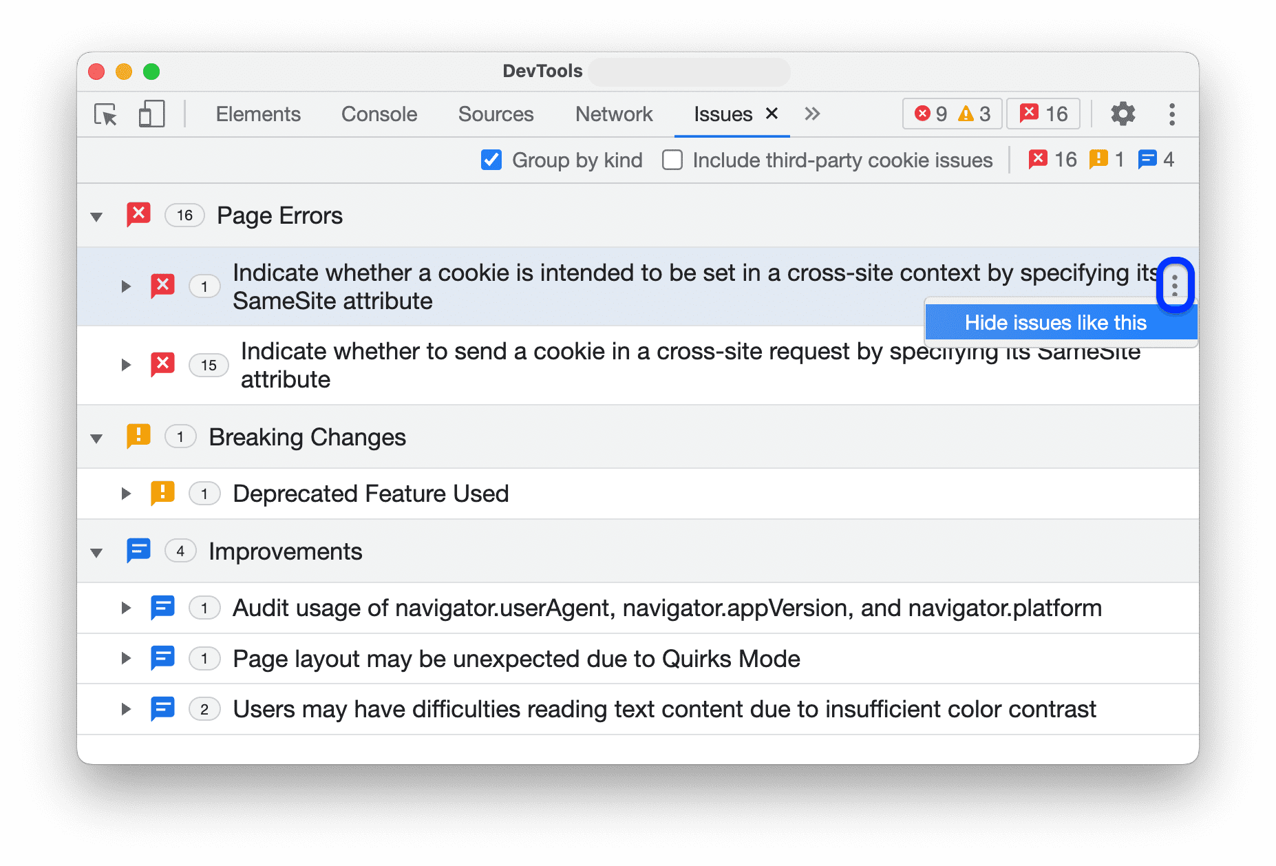 Lựa chọn Ẩn các vấn đề tương tự trong trình đơn có biểu tượng ba dấu chấm bên cạnh một vấn đề.