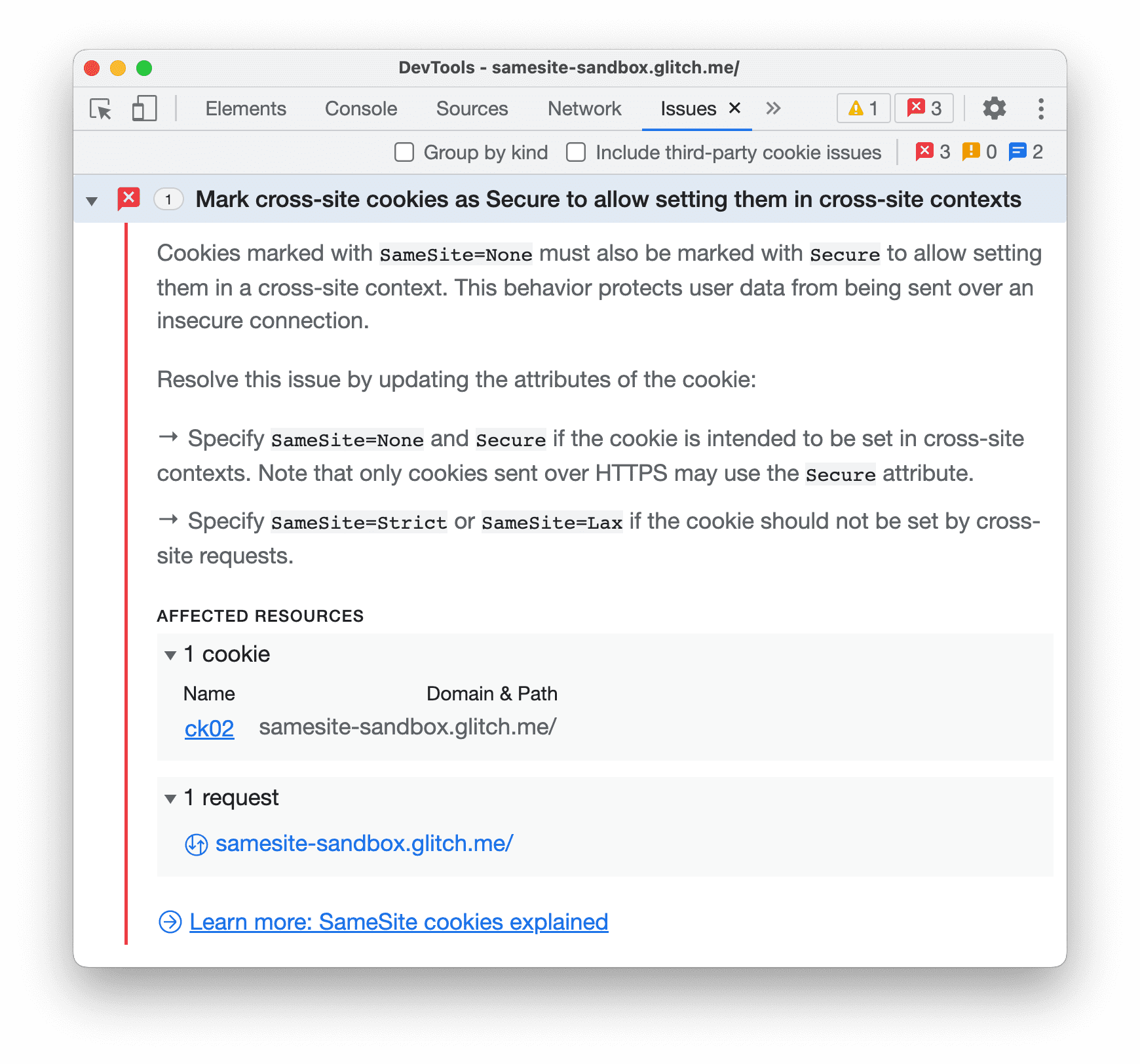 Panneau &quot;Issues&quot; (Problèmes) avec un problème de cookie intersites développé.