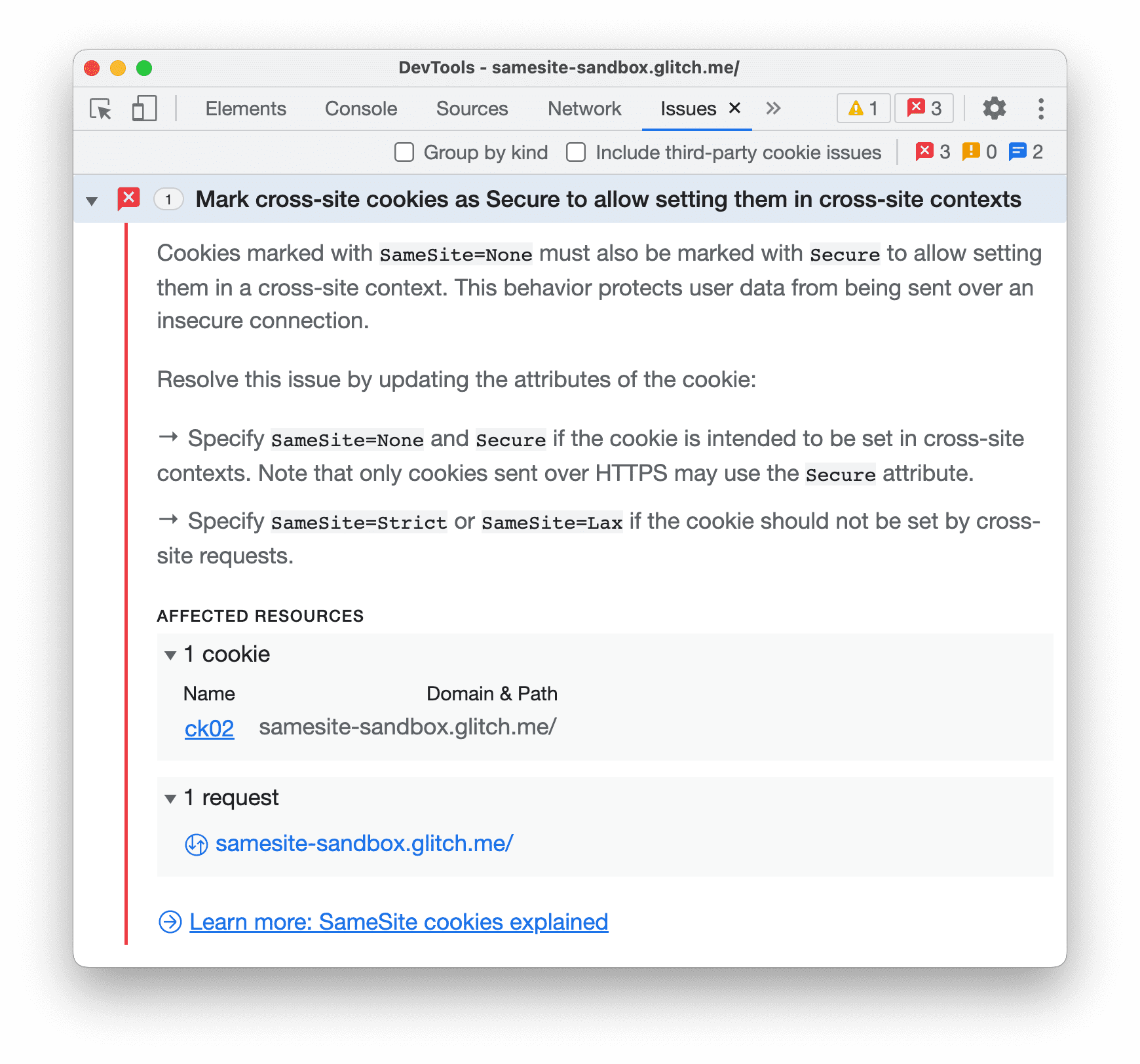 The Issues panel with a cross-site cookie issue expanded.